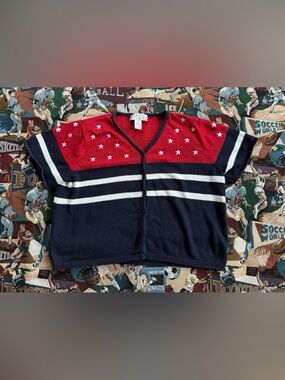 Vintage 90s Women’s Norton Studio American Flag Short Sleeve Cardigan